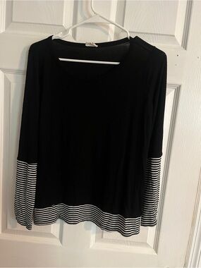 BiBi Black Long-Sleeve Top with Black-and-White Striped Hem and Cuffs